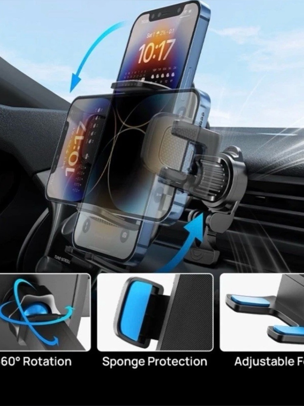 JOY TUTUS Car Phone Mount 360° Adjustable, Dash/Windshield/Air Vent Suction/Clip